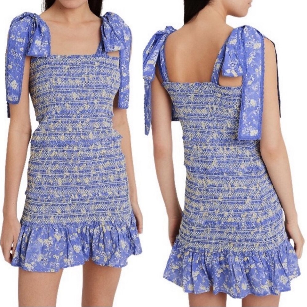 LoveShackFancy Belle Re-Edition Cotton Floral Mini Dress Blue Jays